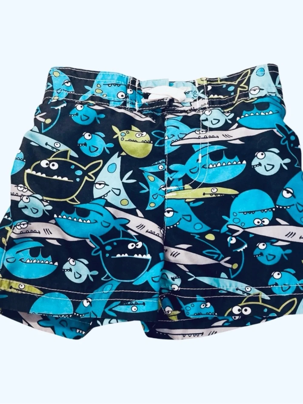 Boys Small Blue Shark Print Swim Trunks polyester lining pull-on elastic waist